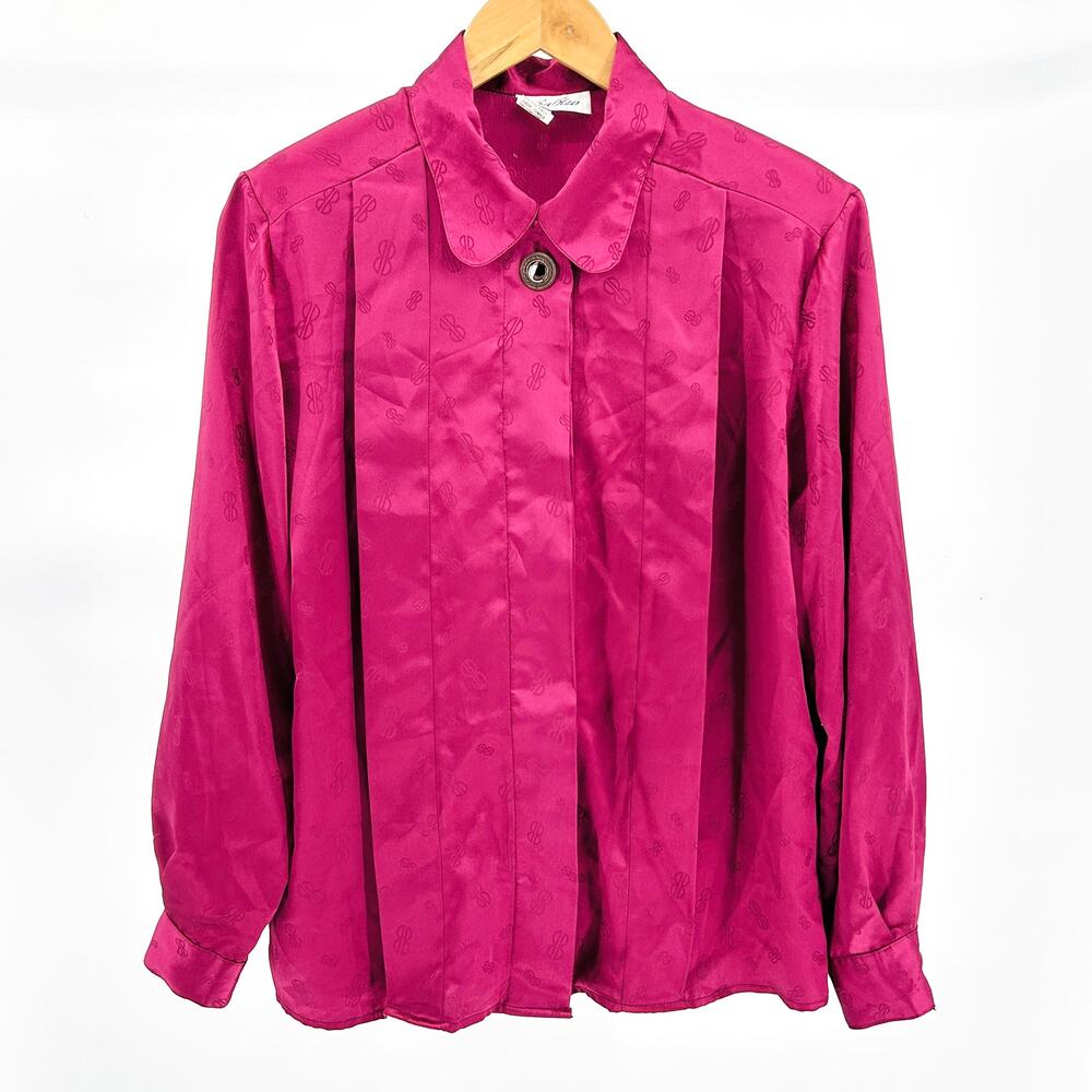 Vintage 80s Bill Blass Magenta Satin Monogram Jacquard Blouse